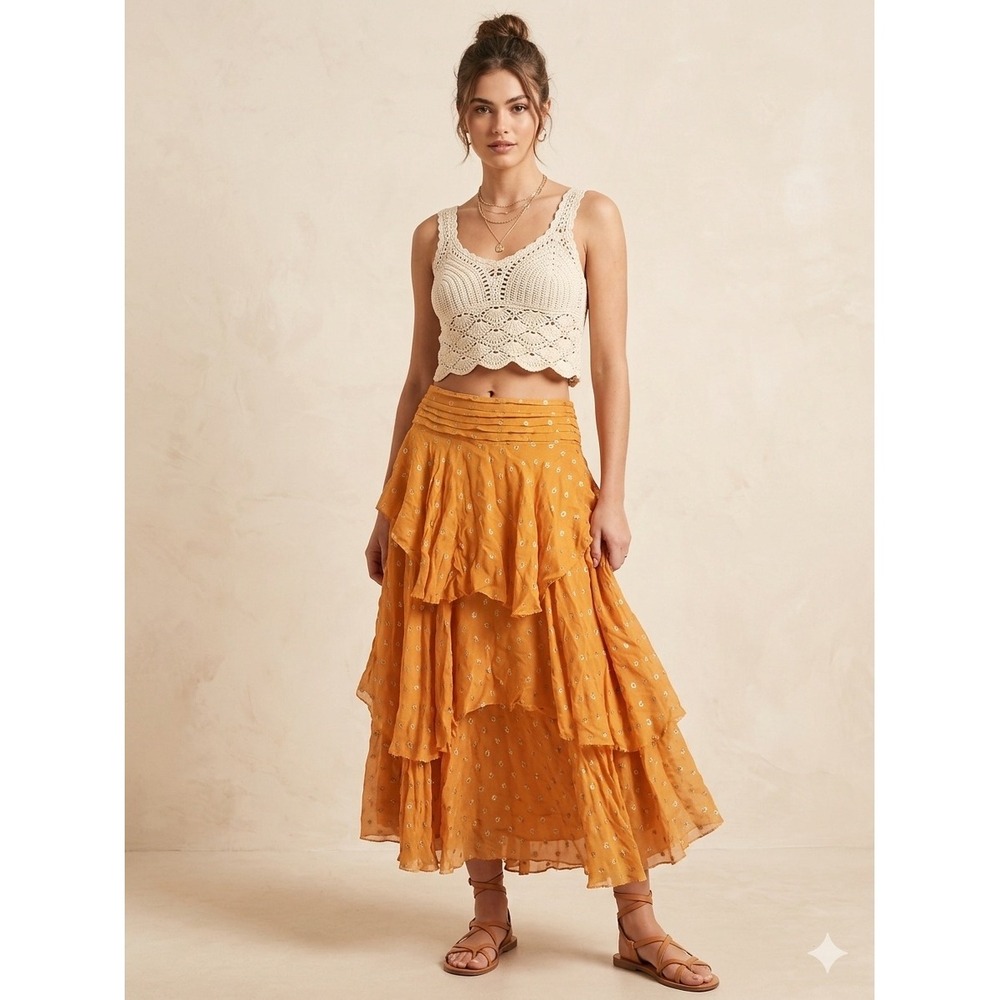 New Farm Rio Maxi Skirt Small Tiered‎ Orange Metallic Gold Dots Boho Hippie NWT
